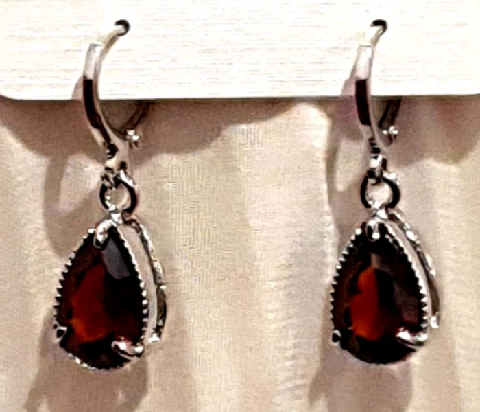 Strabella ER2-14 Beautiful Single Stone Earrings for Women - Silver and Red - Zoom Image