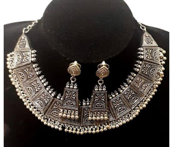 Strabella NC4-06 Beautiful Oxidised Antique Necklace and Hanging Earring Set for Women - Silver - Zoom Image