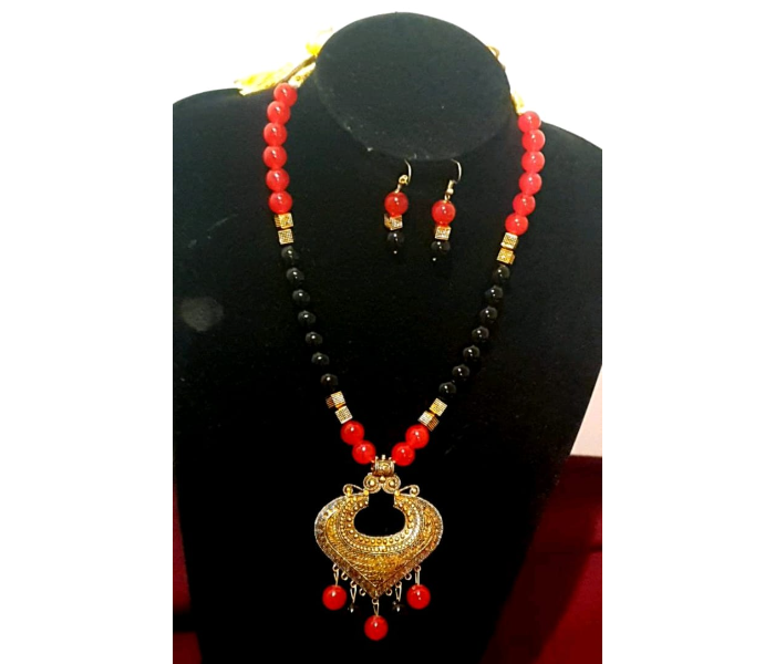 Strabella NC5004e Beautiful Beaded Necklace With Antique Pendant and Earring for Women - Black and Red - Zoom Image