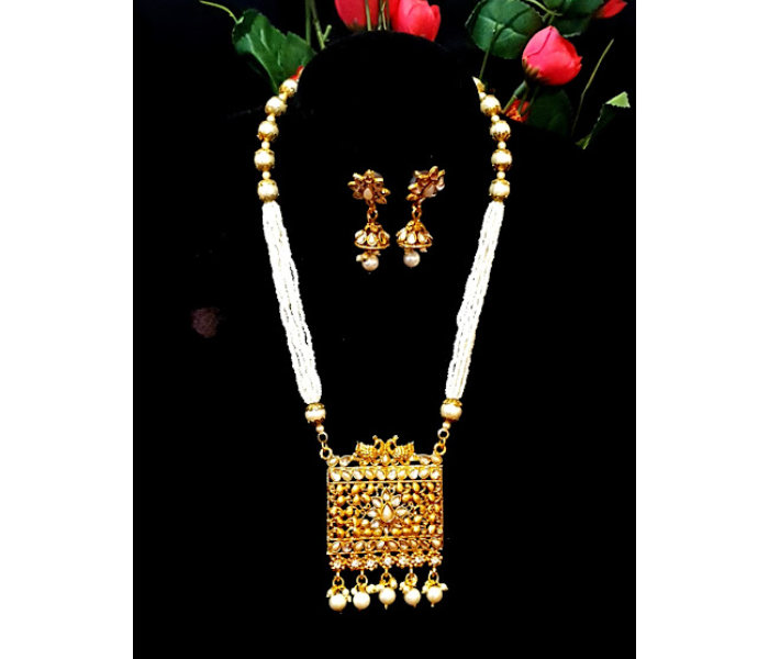 Strabella NC1-09 Beautiful Necklace and Earring Set with Stones for Women - Golden and White - Zoom Image