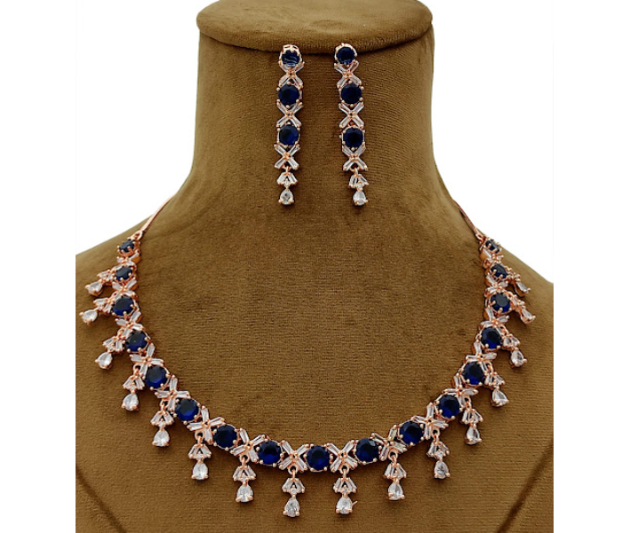 Strabella NC2-05b Beautiful Ad Stone Necklace and Earring Set for Women - Silver and Blue - Zoom Image