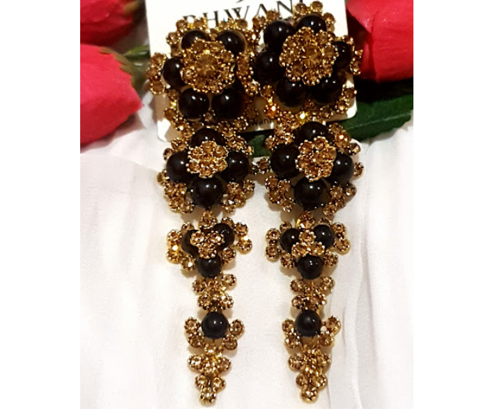 Strabella B8-01f Beautiful Big Size Earings With Stones And Beads for Women - Black and Golden - Zoom Image