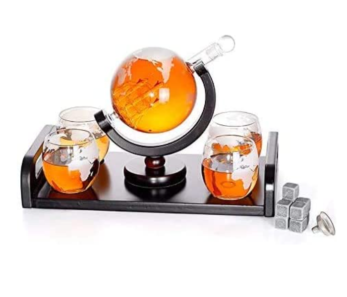 1000ml Whiskey Decanter Globe Set with 4 Etched Globe Whisky Glasses - Zoom Image 1