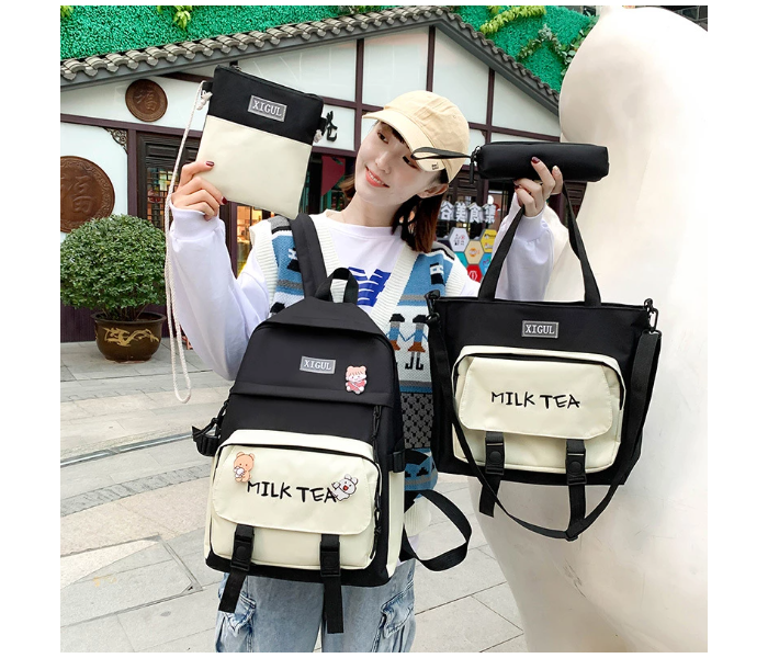 4 Pieces Canvas Laptop Rucksack Backpacks for Women - Black - Zoom Image 2