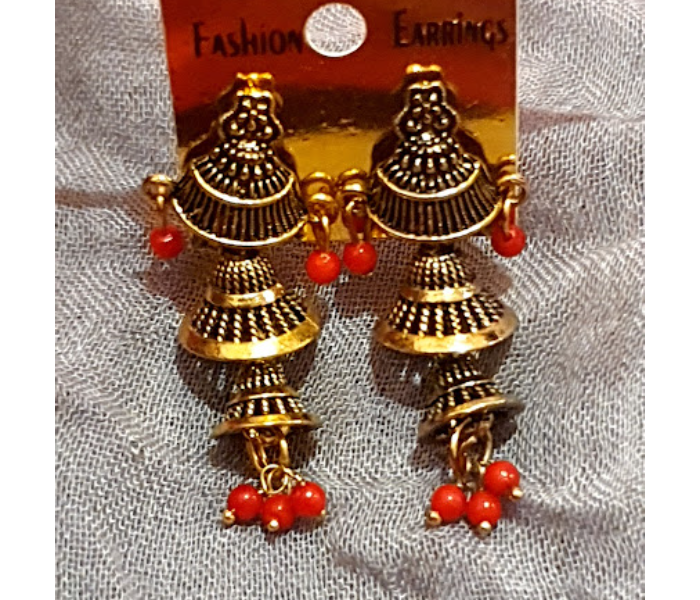 Strabella ER2-07d Beautiful Jhumuka With Beads for Women - Red and Golden - Zoom Image