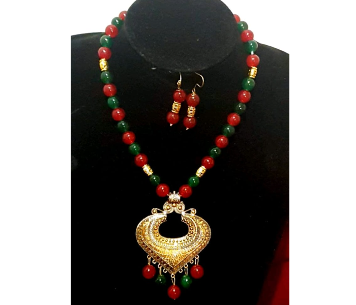 Strabella NC5004c Beautiful Beaded Necklace With Antique Pendant and Earring for Women - Red and Green - Zoom Image