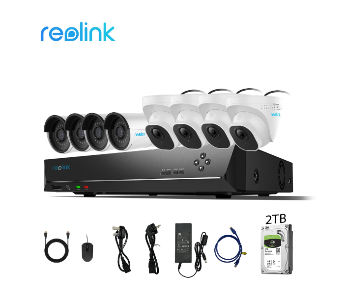 Reolink RL-4C520-4C410-N410 5MP Super HD PoE 8 Camera and 4K 2TB NVR and HDMI Wire Charger and Mouse - Zoom Image 1