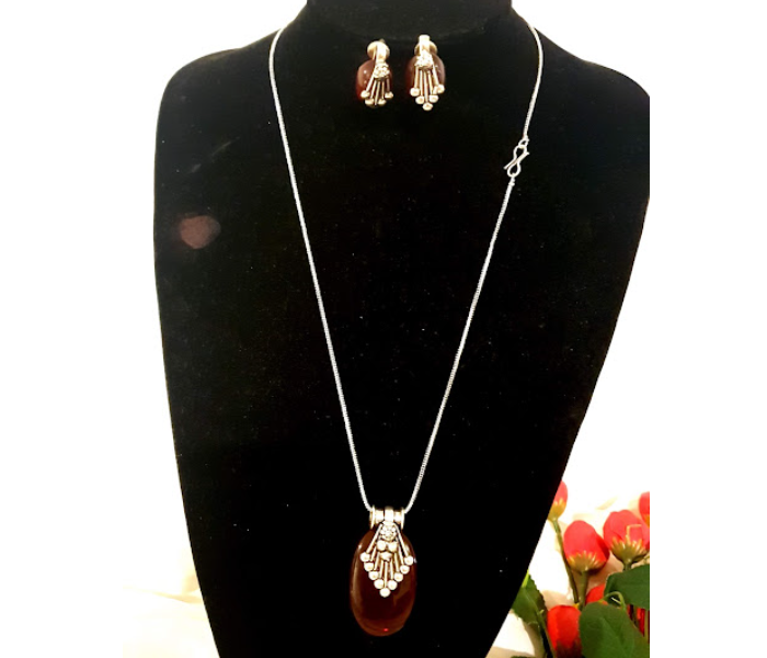 Strabella NC2-15 Beautiful Pendant with Chain with Earring Set for Women - Silver and Brown - Zoom Image