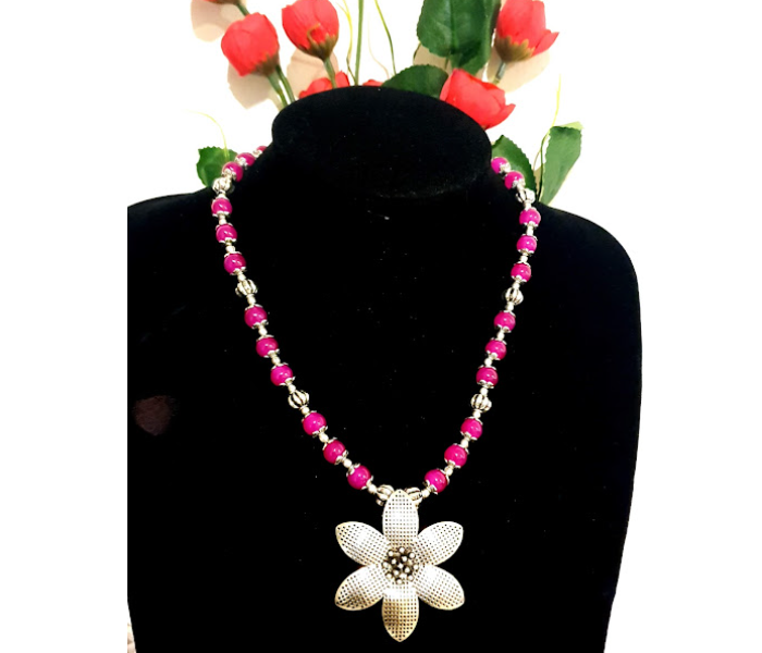 Strabella NC1-11 Premium Quality German Silver Necklace with Beads for Women - Pink and Silver - Zoom Image