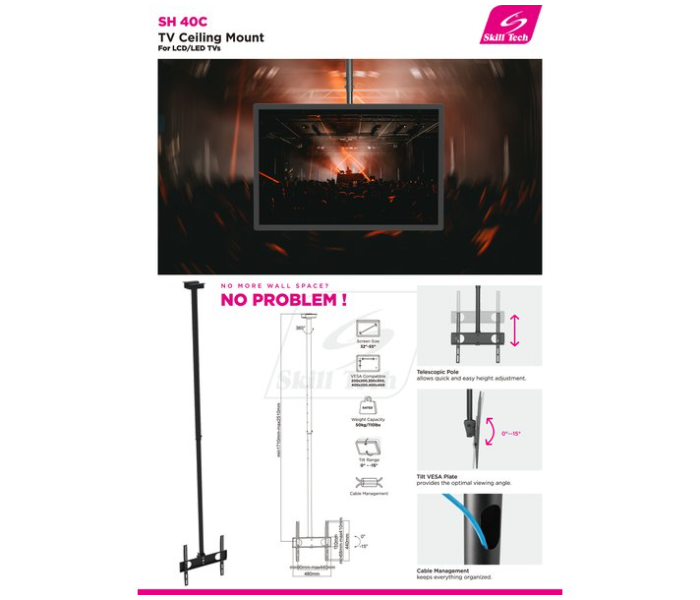 Skill Tech SH-40C Ceiling Bracket for 32 to 75 Inch Screen -Black - Zoom Image 2