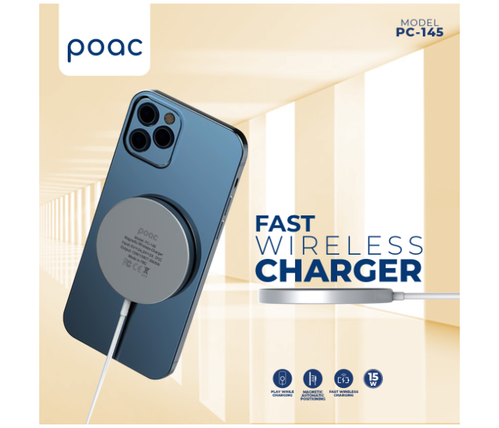 Poac PC-145 15 Watts Magnetic Wireless Charger - Silver - Zoom Image 1