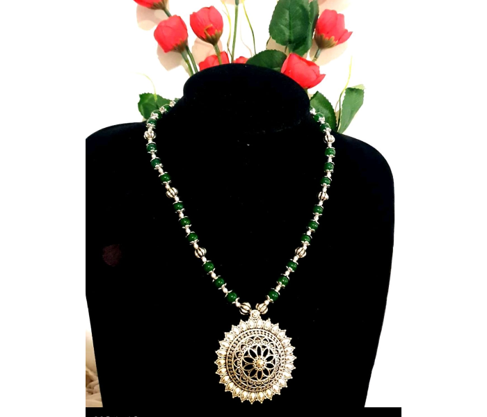 Strabella NC1-19 Premium Quality German Silver Necklace with Beads for Women - Silver and Green - Zoom Image