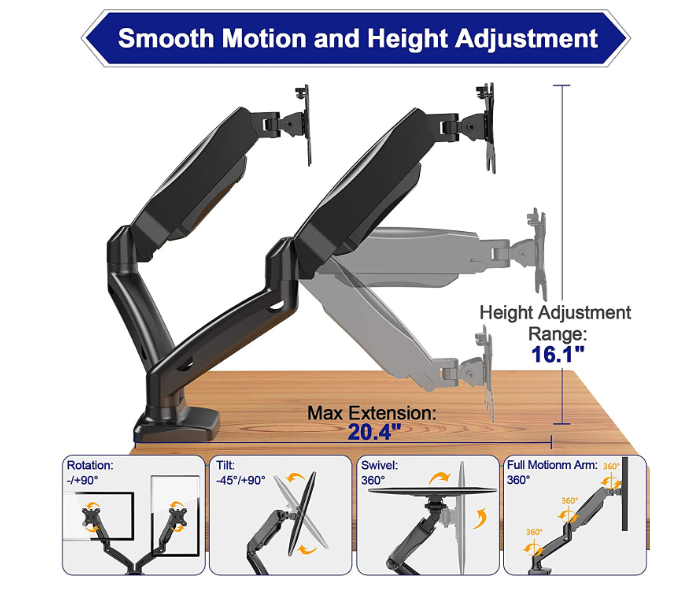 Skill Tech SH-130-C024 Desktop Dual Monitor Arm Mount FOR 13 to 27 Inch Screen - Black - Zoom Image 3