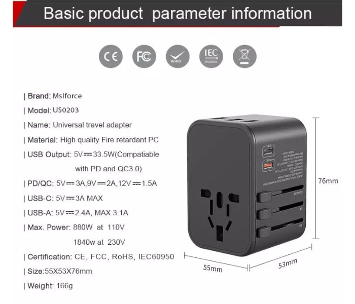 TIT Dual Type C PD QC USB All in One Charger Adapter for Travel with EU US UK AU Plug Universal Travel Power Charger Sockets - Black - Zoom Image 5