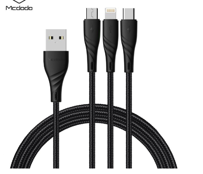 Mcdodo CA-6450 Peacock 3 In 1 Lightning Micro USB and 1.2m Type-C Cable with LED light - Black - Zoom Image