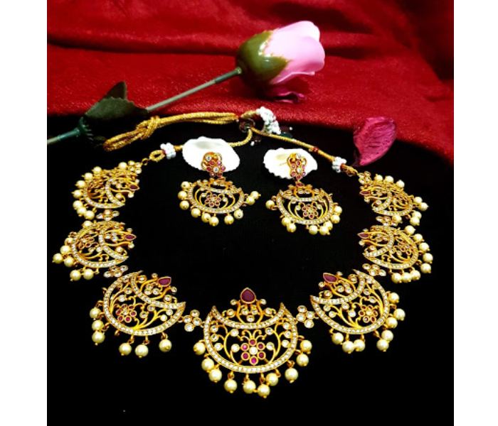 Strabella NC1-03 Beautiful Necklace and Earring Set with Stones for Women - Golden and Red - Zoom Image