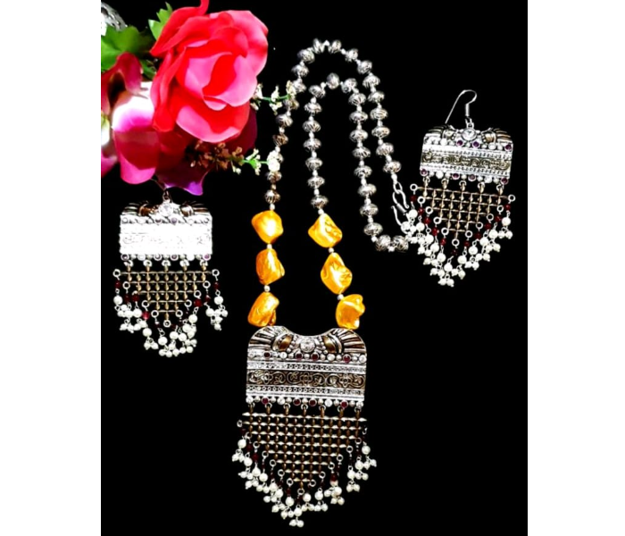 Strabella NC2-30 Beautiful Antique Necklace and Hanging Earring Set for Women - Yellow and Silver - Zoom Image