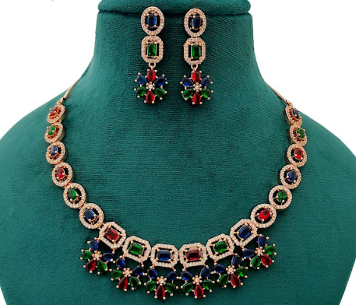 Strabella NC2-21 Ad Stone Multi Colour Necklace and Earring Set for Women - Blue and Red - Zoom Image