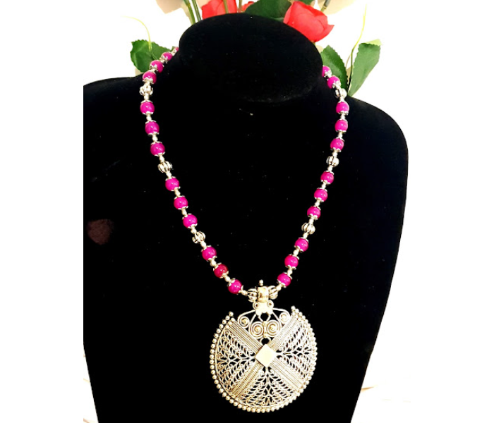 Strabella NC1-14 Premium Quality German Silver Necklace with Beads for Women - Pink and Silver - Zoom Image