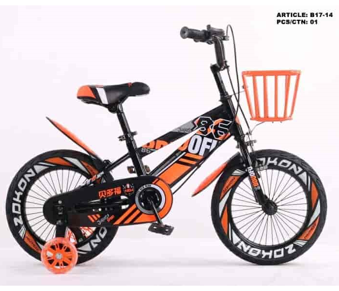 B17-14 14 Inch Fast Rolling Bicycle with Training Wheels and Basket - Black and Orange - Zoom Image