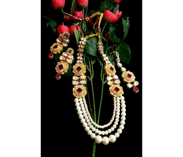 Strabella NB07 Beautiful Premium Quality Beaded Kundan Necklace With Tika And Earrings for Women - White and Golden - Zoom Image