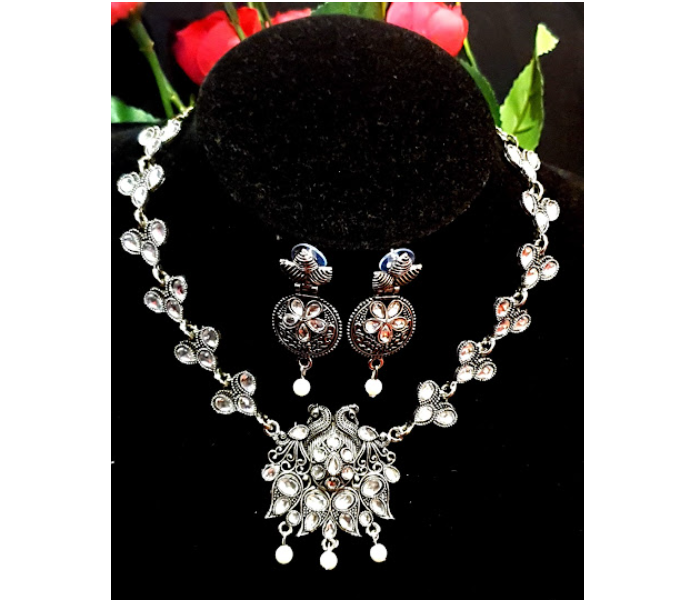 Strabella NC1-07 Beautiful Necklace and Earring Set with Stones for Women - Silver - Zoom Image