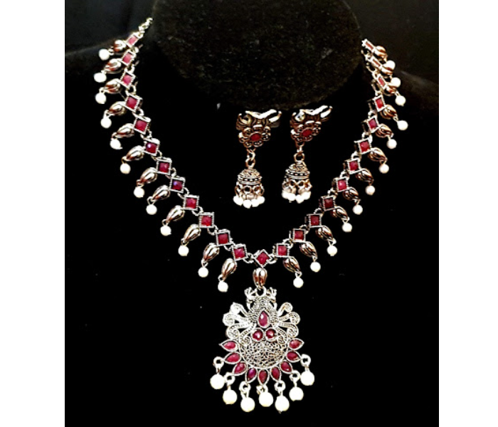 Strabella NC1-08b Beautiful Necklace and Earring Set with Stones for Women - Red and Silver - Zoom Image