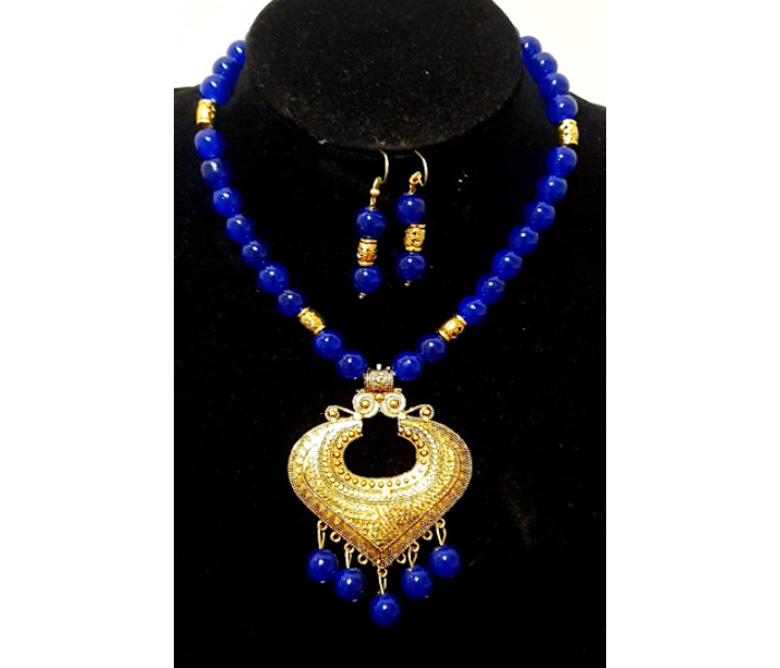 Strabella NC5004a Beautiful Beaded Necklace With Antique Pendant and Earring for Women - Blue and Golden - Zoom Image