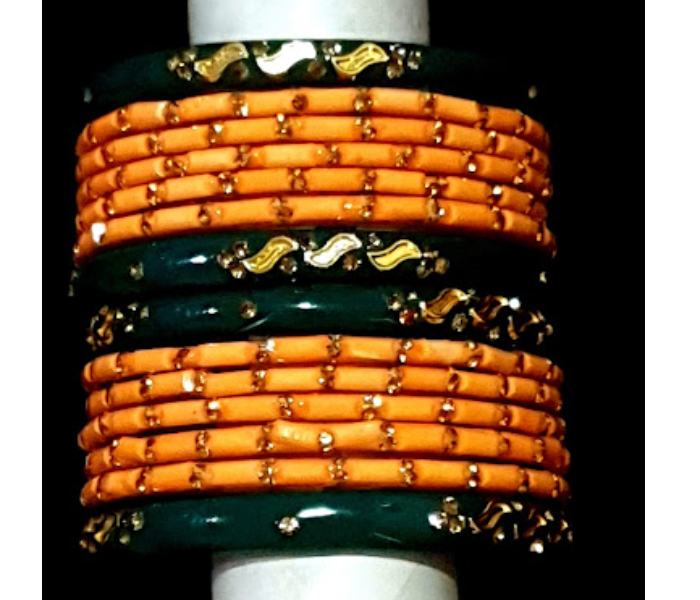 Strabella BL10-1 Beautiful 2.4 Designer Glass Bangles for Women - Green and Orange - Zoom Image