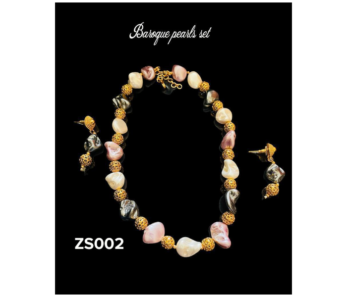 Zewarr ZS002 Baroque Pearl Necklace Set with Gold Plated Beads for Women - Rose and Gold - Zoom Image