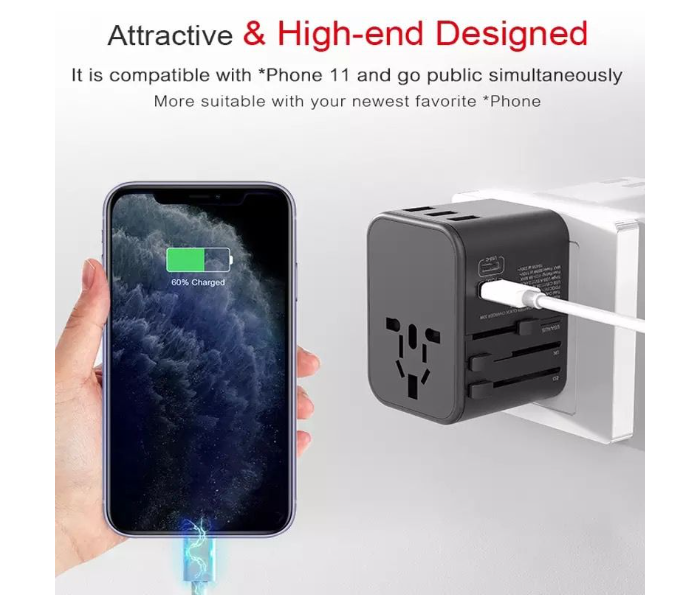 TIT Dual Type C PD QC USB All in One Charger Adapter for Travel with EU US UK AU Plug Universal Travel Power Charger Sockets - Black - Zoom Image 3