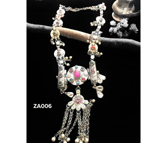 Zewarr ZA006 Elegant Vintage Polish Afghani Neckpiece for Women - Silver and Pink - Zoom Image