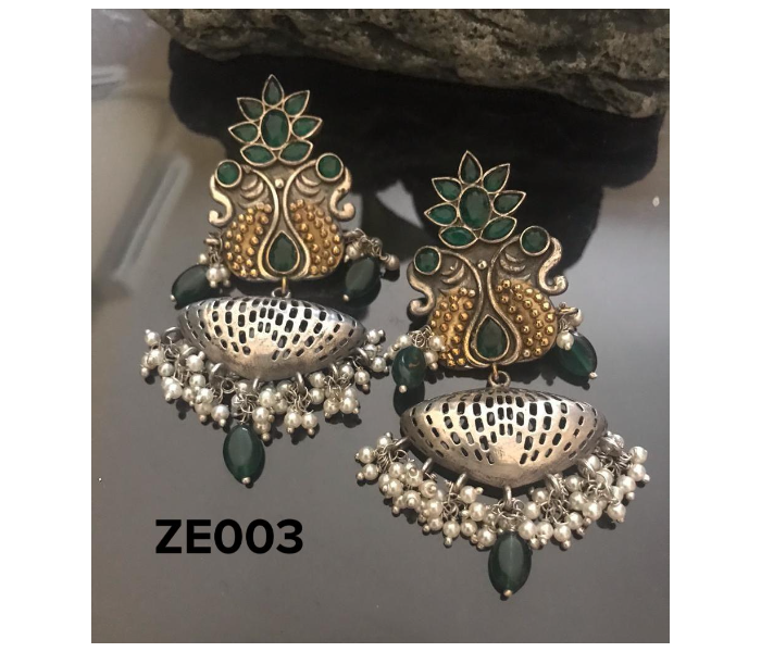 Zewarr ZE003 Light Weight Pure German Silver Dual Tone Earrings with Semi Precious Emythyst Stones for Women - Silver and Green - Zoom Image