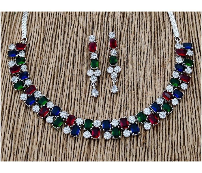 Strabella NC2-20 Ad Stone Multi Colour Necklace and Earring Set for Women - Silver and Red - Zoom Image