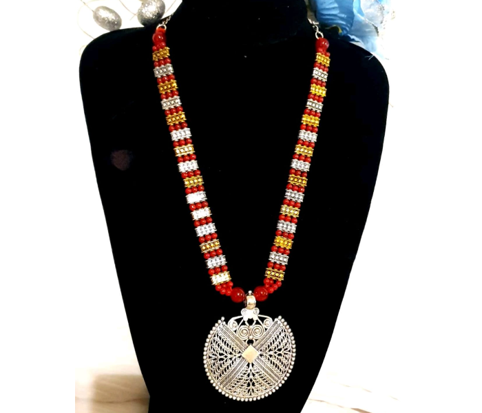 Strabella NC2-29 Beautiful German Silver Necklace With Beads for Women - Red and Silver - Zoom Image