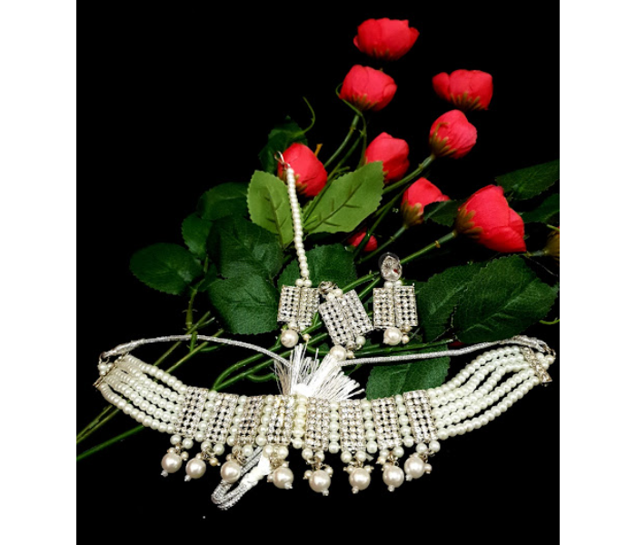 Strabella NB06 Beautiful Beaded Necklace With Earrings And Tikka for Women - Silver - Zoom Image