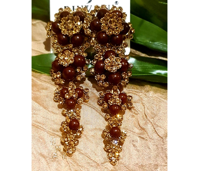 Strabella B8-01a Beautiful Big Size Earings With Stones And Beads for Women - Maroon and Gold - Zoom Image