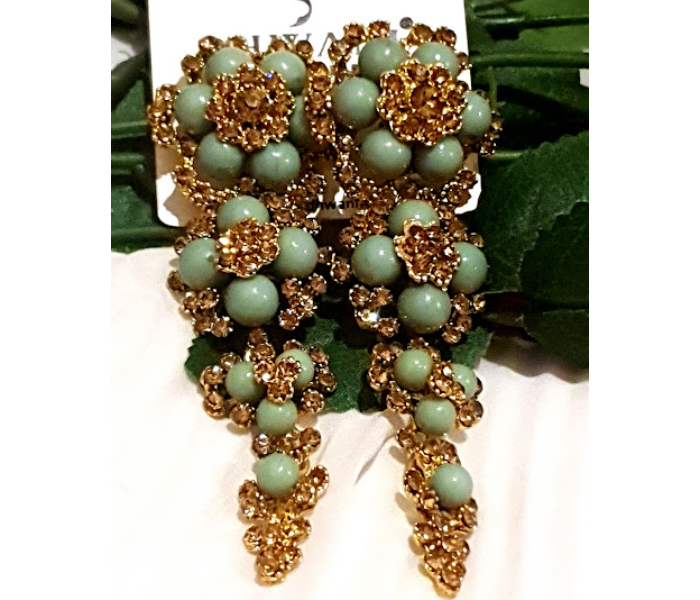 Strabella B8-01c Beautiful Big Size Earings With Stones And Beads for Women - Green and Golden - Zoom Image