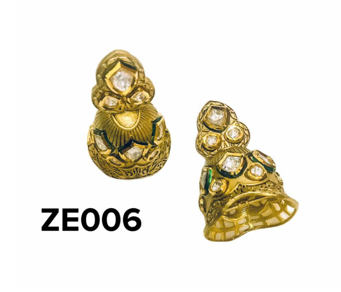 Zewarr ZE006 Full Gold Plated Kundan Stones and Meenakari Jhumkas for Women - Gold - Zoom Image