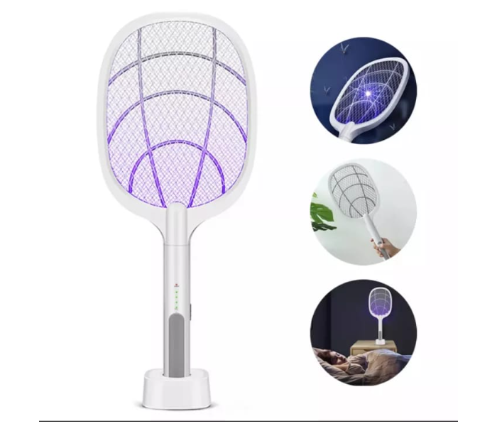 1200mAh Rechargeable Handheld Electric Insect Killer Racket Bat with UV Light Lamp and USB Charging Base - White - Zoom Image 1