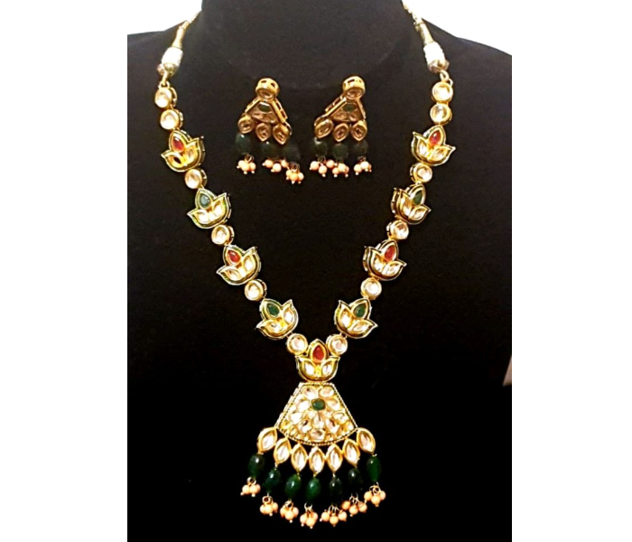 Strabella NC1-18 Beautiful Kundan Necklace and Earring Set with Beads for Women - Golden and Green - Zoom Image