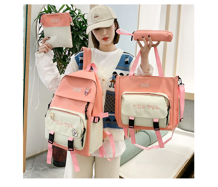 4 Pieces Canvas Laptop Rucksack Backpacks for Women - Pink - Zoom Image 2