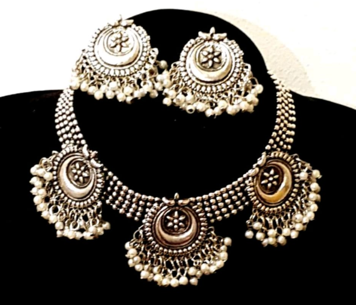 Strabella NC4-01 Beautiful Oxidised Neckalce and Hanging Earring Set With Beads for Women - Silver - Zoom Image