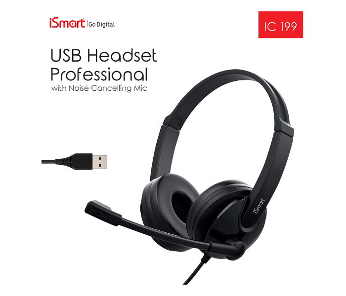 iSmart IC-199 USB Headset With Noise Cancellation Mic - Black - Zoom Image 2