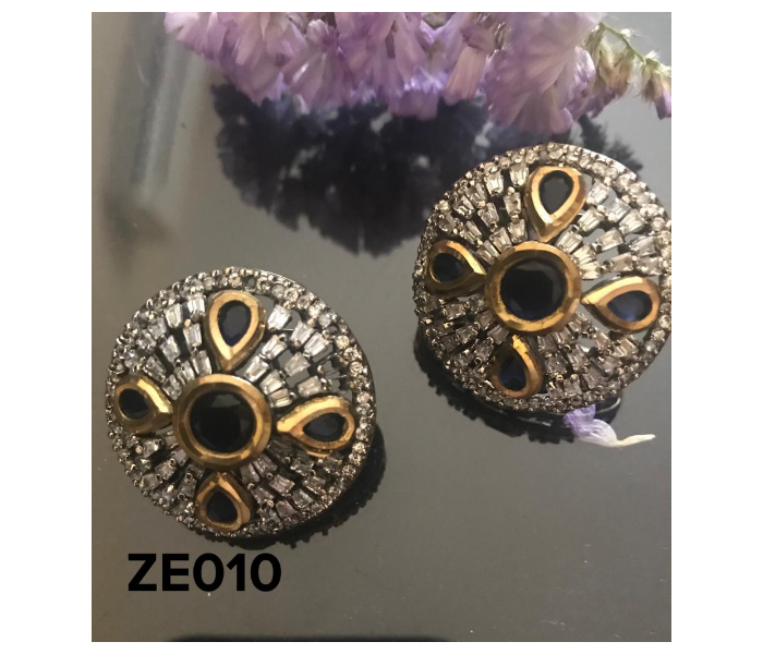 Zewarr ZE010 Big Size Semi Precious Kundan and Zicron Stone Studs for Women - Gold and Black - Zoom Image