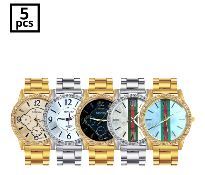 Pack of 5 Stainless Steel Diamond Stone Mixed Design Womens Assorted Color Watch - Gold and Silver - Zoom Image 5