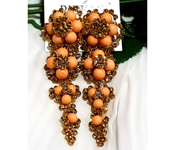 Strabella B8-01b Beautiful Big Size Earings With Stones And Beads for Women - Orange and Golden - Zoom Image