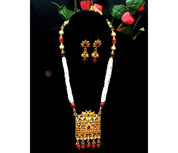 Strabella NC1-05 Beautiful Necklace and Earring Set with Stones for Women - Golden and Red - Zoom Image