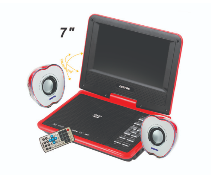 Geepas GDVD6296 Portable 7 Inch DVD Player With Mini USB Speaker - Black and Red - Zoom Image