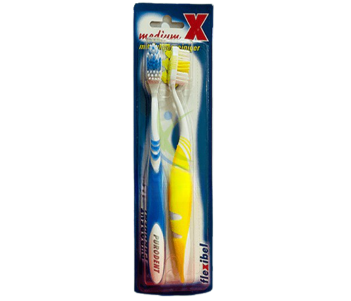 Purodent 63826 Twin Pack Medium Tooth Brush - Blue and Yellow - Zoom Image